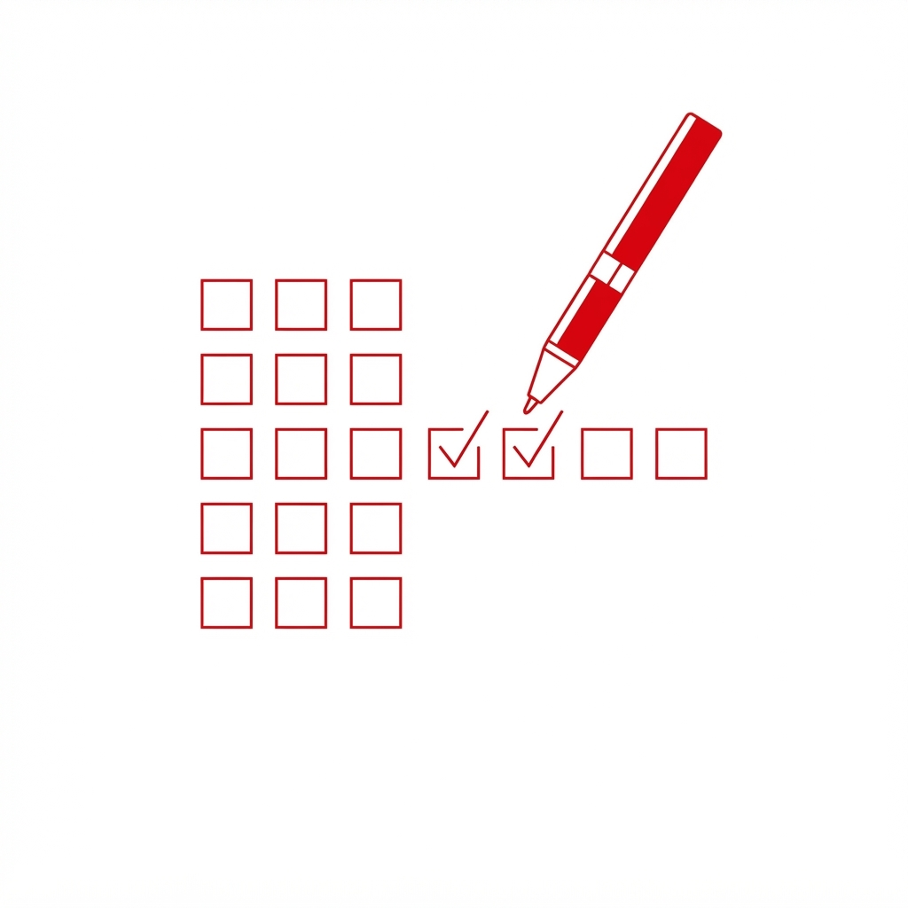 A red pen ticking a row of squares in a ledger grid